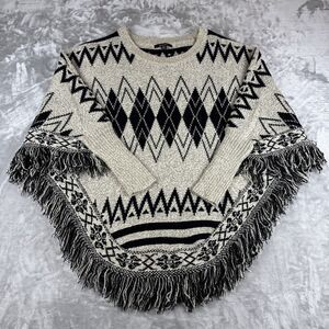 Color‎ Swatch Poncho Sweater Women's M/L Gray Black Aztec Tribal Fringe (1047)